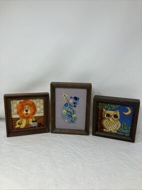 Needlepoint Framed Art Lot 3 Animals Lion Mouse Owl Cottagecore Nursery Small